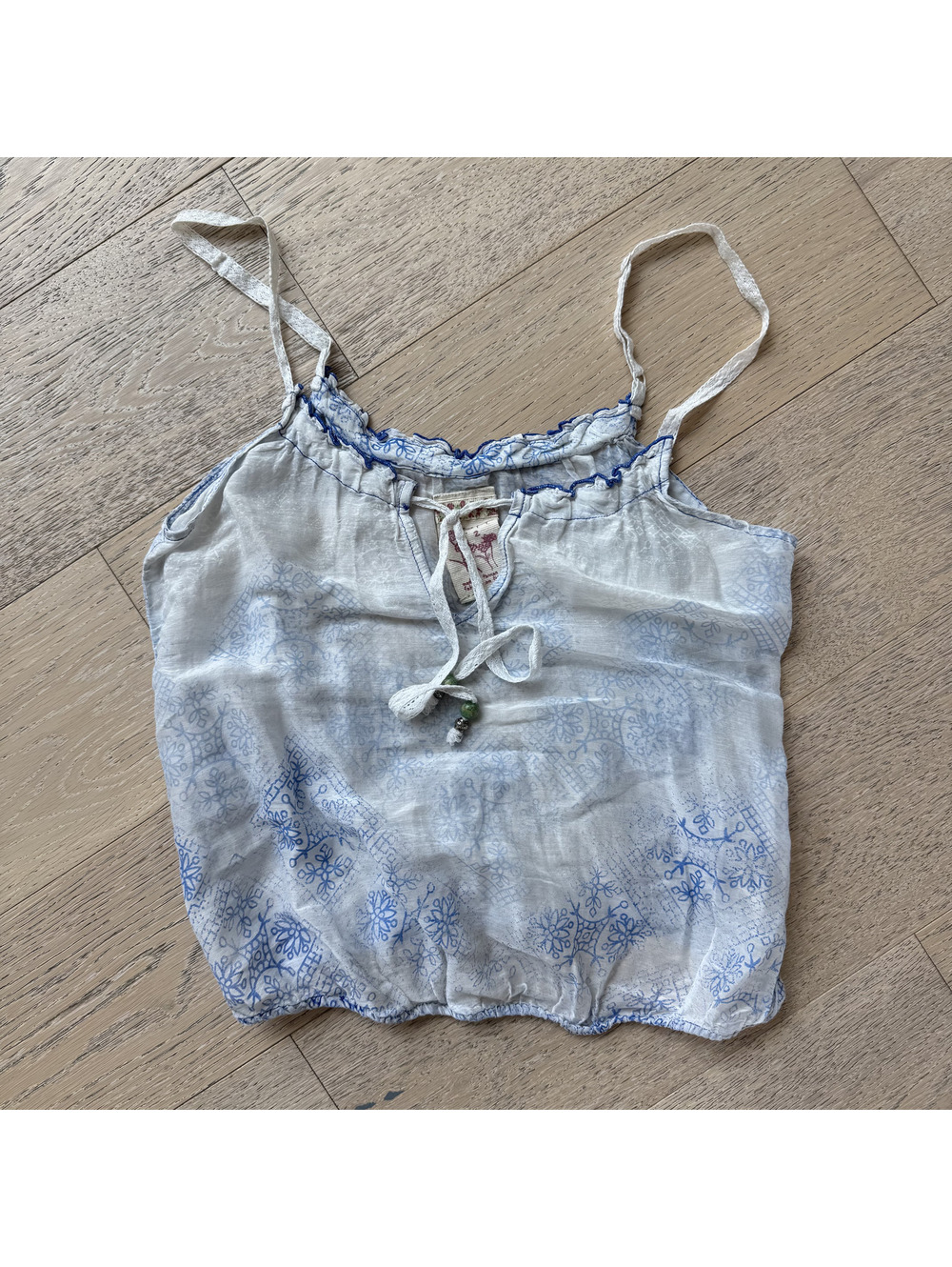 Vintage Y2K Free People Blue White Cotton Silk Waves Camisole Top Size 2 Small